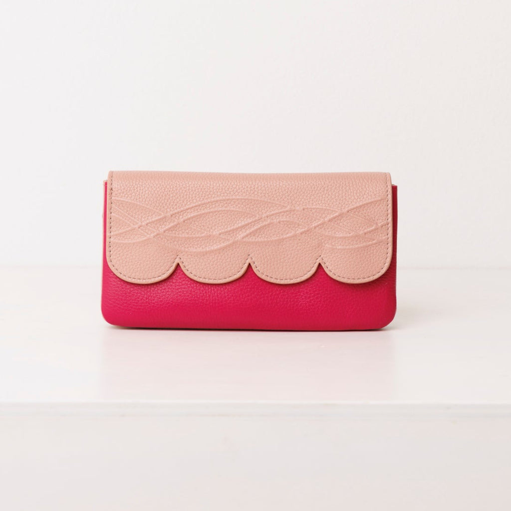 Raspberry leather smartphone wallet/clutch: Scallop Collection.