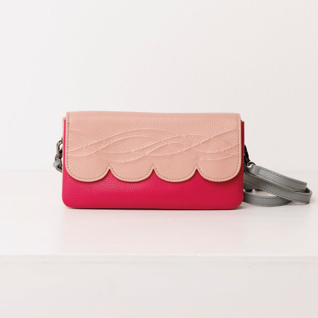 Raspberry leather smartphone wallet/clutch: Scallop Collection.