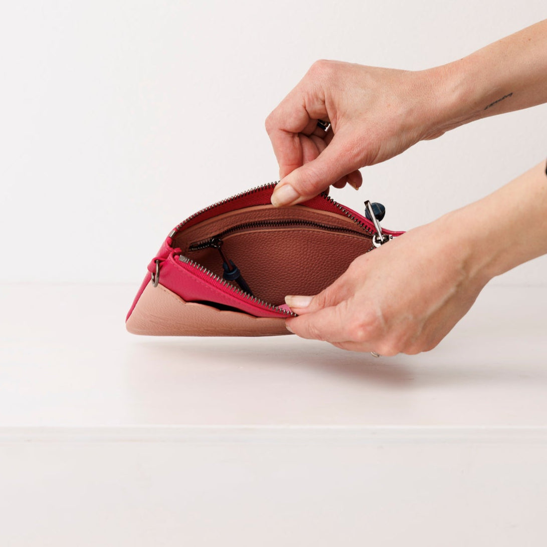Raspberry leather pouch. Scallop Collection.
