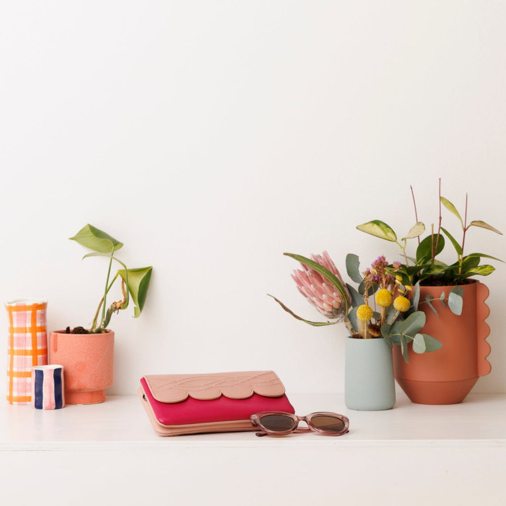 Raspberry leather smartphone wallet/clutch: Scallop Collection.