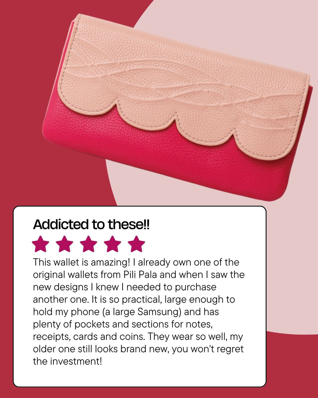 Raspberry leather smartphone wallet/clutch: Scallop Collection.