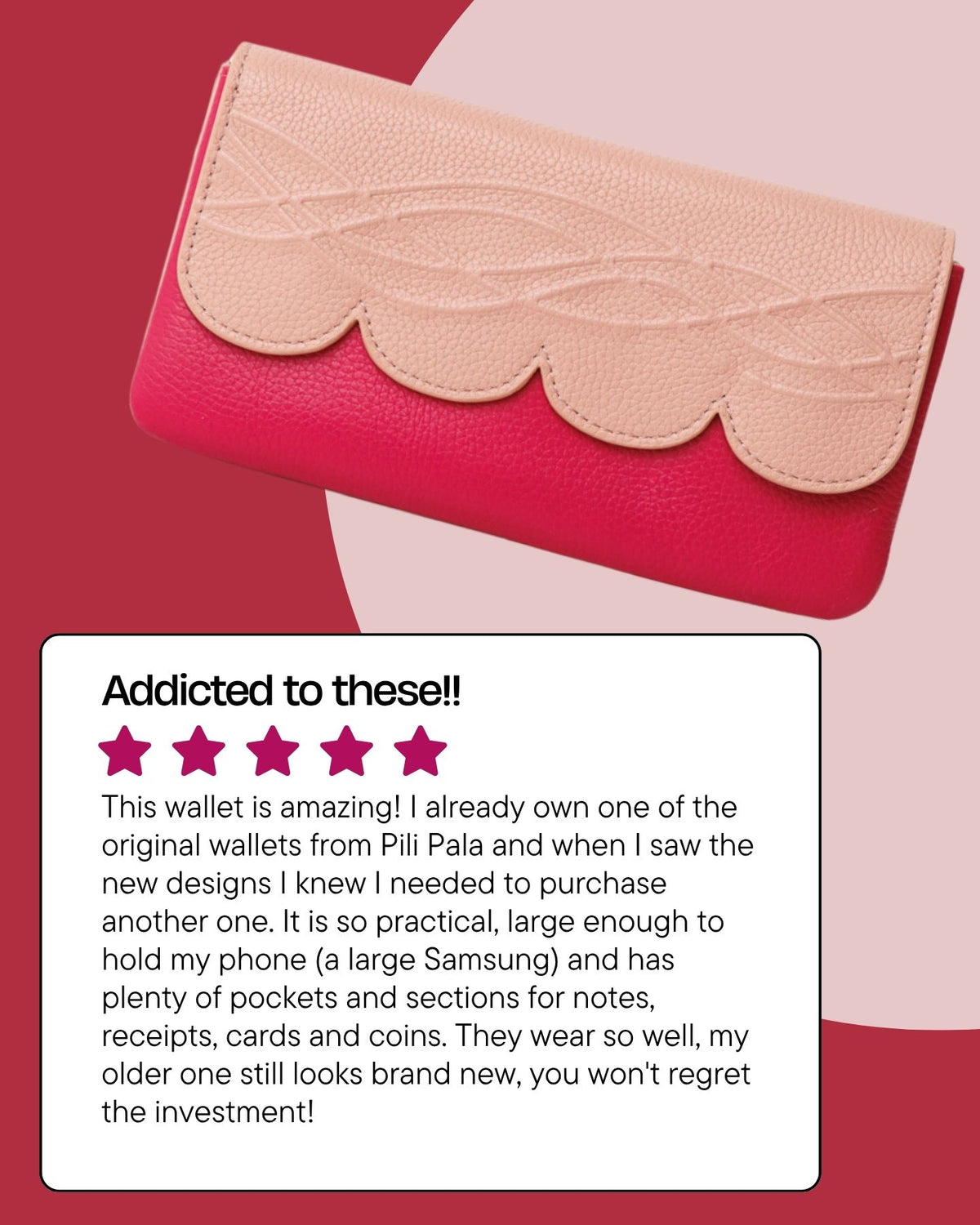 Raspberry leather smartphone wallet/clutch: Scallop Collection.