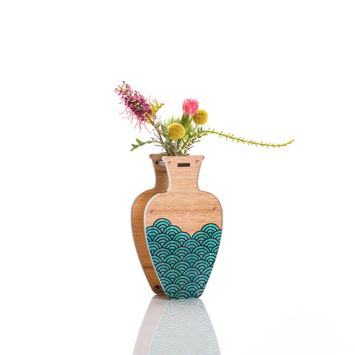 Large Handmade Vase - Teal Wave design. Tasmanian Oak.