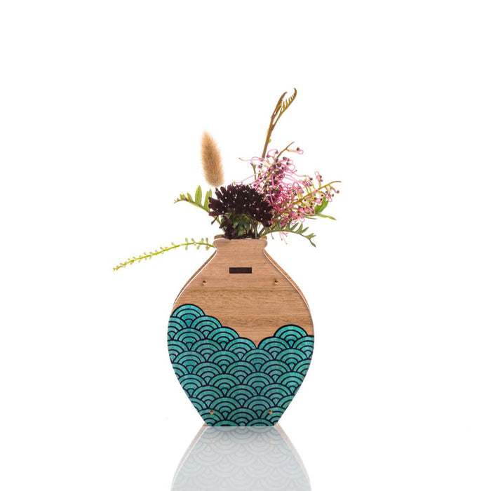 Medium Handmade Vase - Teal Wave design. Tasmanian Oak.