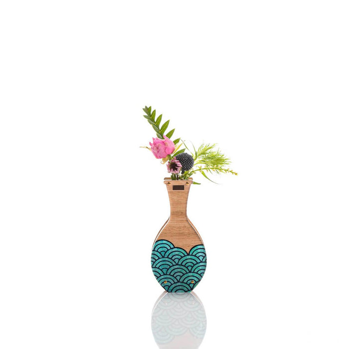 Small Handmade Vase - Teal Wave design. Tasmanian Oak.