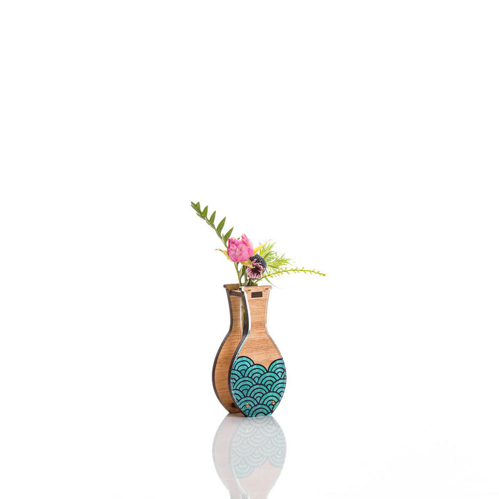 Small Handmade Vase - Teal Wave design. Tasmanian Oak.